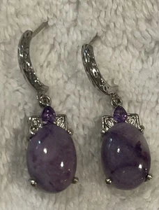 Vintage 925 Sterling Silver Jewelry Purple Amethyst Stones Dangle Drop Earrings - Picture 1 of 6