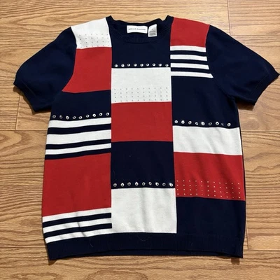 Alfred Dunner Sweater S blue pullover check womens crewneck embellishments red - Image 1 of 4