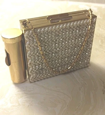 Bolso de Noche Lápiz Labial Espejo Compacto Polvo De Colección Imitación Perla Tono Dorado  Foto 1 de 4
