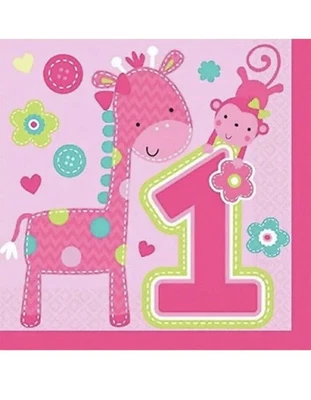 One Wild Girl Jungle Animal Cute Kids 1st Birthday Party Paper Luncheon Napkins - Image 1 of 3