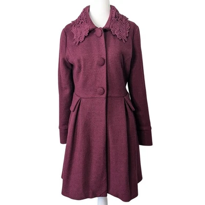 Darling London Burgundy Floral Lace Overlay Collared 3 Button Pea Coat Small - Image 1 of 4