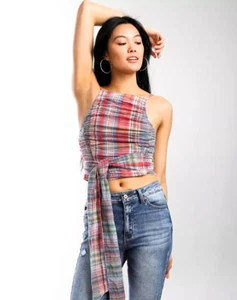 FREE PEOPLE Real Love Plaid Tank Top - Cherry Blue X-LARGE RRP$78 - Picture 1 of 24