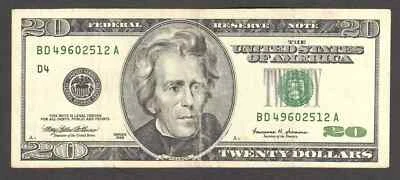  $20 1999 FRN, Fr. 2086-D  SCARCE Engraving Error  District Designator VF-XF - Image 1 of 3