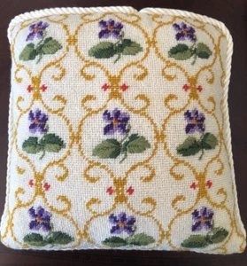 Vintage Floral Pansies Purple Flowers Needlepoint Crewel Pillow 11" x 11" Spring - Picture 1 of 10
