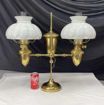 Antique 1870s Art Deco Victorian Double Student Lamp Brass Converted Oil to Elec - Image 1 of 4