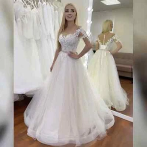Elegant V-Neck Wedding Dresses Lace 3/4 Sleeve Applique A-line Bridal Gowns - Picture 1 of 8