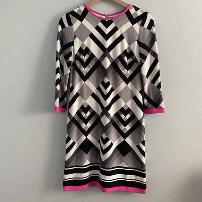 Eliza J Women Size 2 Shift Dress Multi-color Geo Print Hot Pink Trim 3/4 Sleeve - Image 1 of 4