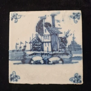 Antique 18th C Delft Tile "Harbor Scene" Corner Motif "Spider" - Picture 1 of 3