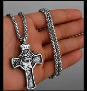 Jesus Crucifix Cross Medal Pendant Necklace Stainless Steel Amulet - Picture 1 of 6