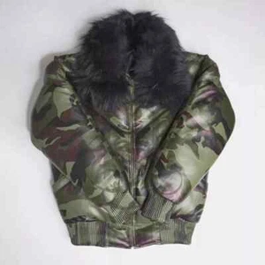 Chaqueta de piel de oveja con cuello de piel real 100 % plumón de pato camuflaje de cuero para hombre nueva con etiquetas - Imagen 1 de 8