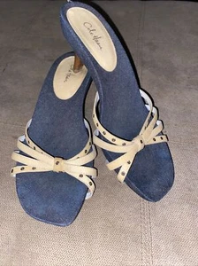 Cole Haan Women's Strappy Sandal Heels Denin Blue/Tan Straps w/Eyelets Size 9 - Picture 1 of 9