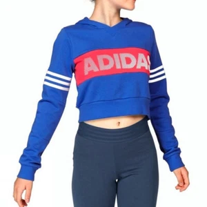 Adidas Kids Crop Hooded Pullover Sports Hoodie Short Sweatshirt Blue/Red 128 - Picture 1 of 6