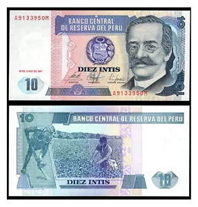 BANKNOTES, Peru, 10 Intis, 1987, UNC, COTTON PICKERS - Picture 1 of 1