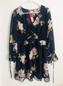 Xhilaration V-Neck Long Sleeve Mini Dress Belle Sleeves Ruffle Floral Size S - Picture 1 of 3