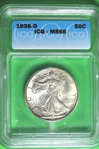 1936 D ICG MS66 WALKING LIBERTY HALF DOLLAR #B35759 - Picture 1 of 2