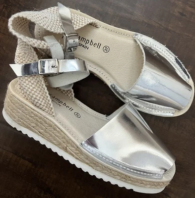 NUEVA Sandalia Jeffrey Campbell Chania Plateada Tejida Alpargata Cuña Correa para el Tobillo 7 Foto 1 de 4