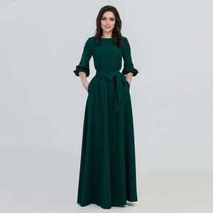 Women Lantern Sleeve Long Dresses Elegant Maxi Dress With Belt Casual Solid Col - Picture 1 of 17