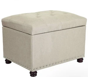 24" Storage Ottoman, Fabric Foot Rest with Hinged Lid, Beige With Silver Studs - Picture 1 of 7