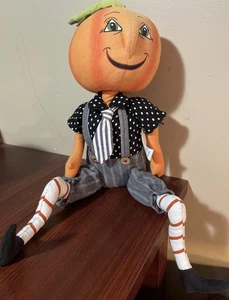 Pumpkin Head Halloween Primitive Shelf Stone Sitting Doll - Picture 1 of 5