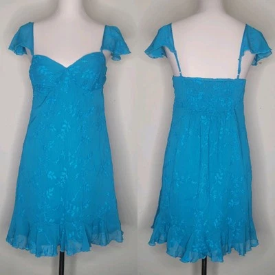 Betsey Johnson XL Blue Floral Chiffon Flowy Fairy Mini Babydoll Peplum Dress NWT - Image 1 of 4