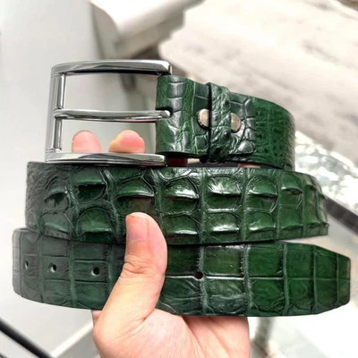 Cinturón de cuero verde real personalizado con hebilla de alfiler de cuero con respaldo de cuerno para hombre con 1,5"" Foto 1 de 4