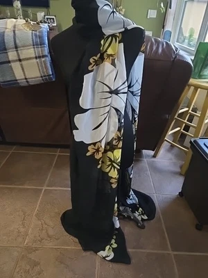 MALIHINI Scarf/Wrap Hot Yellow Blk Wht Long Flower Power 1960s Designer - Image 1 of 4