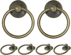 Tiradores de cajón de anillo abatible de latón antiguos 6 piezas, manijas de anillo de gabinete vintage, metal D - Imagen 1 de 12
