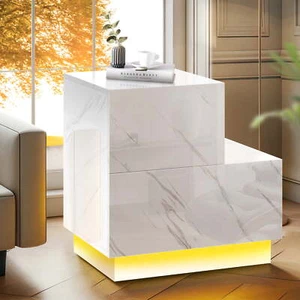 Dextrus L-Shaped LED Nightstand Ead Table with 2 Drawers, High Gloss Bedside - Picture 1 of 8