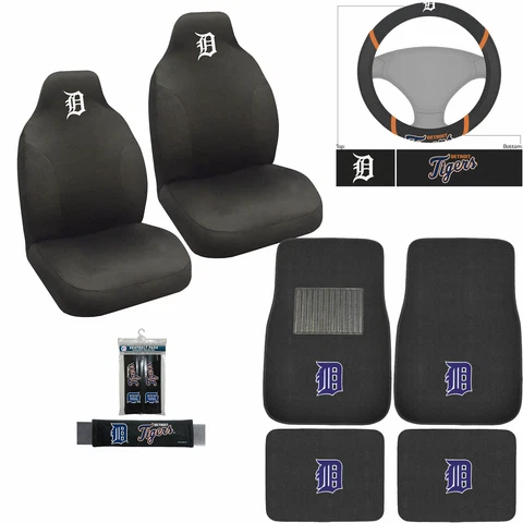 NEW 9PC MLB Detroit Tigers Car Seat Covers Steering Wheel Cover Floor Mats Set Cover