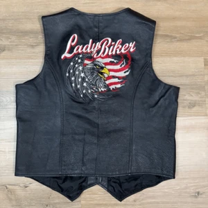 Leather USA Womens XL Lady Biker Black Genuine Leather Vest USA Eagle Motorcycle - Picture 1 of 5