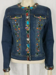 Berek dark wash rhinestone embellished button front denim jacket Petite Small - Picture 1 of 8