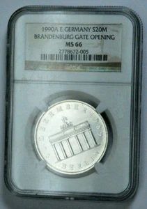 RARE GRADED NGC MS66 1990A E.GERMANY BRANDENBURG GATE OPENING Silver 20Mark COIN - Picture 1 of 6