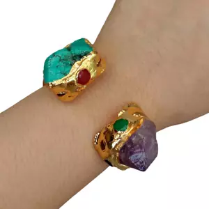 Natural Purple Amethyst Druzy Green Turquoise Gold Plated Bangle Bracelet - Picture 1 of 6