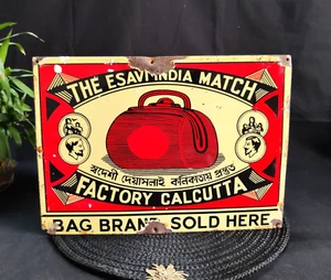 1920s Antique The ESAVI India Match Box Bag Brand Advertising Enamel Sign EB674 - Picture 1 of 4