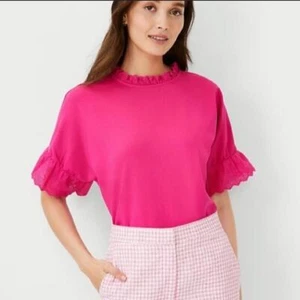 Ann Taylor hot pink top with eyelet/lace trim (Size: Medium) - Picture 1 of 6
