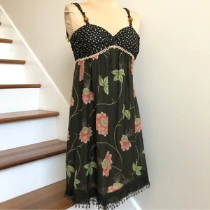 Cynthia Steffe Seidenkleid Gr. 2 braun Blumen gepunktet Spitzenbesatz Empire Taille - Bild 1 von 13