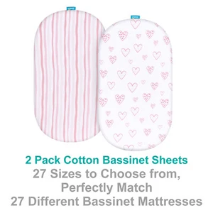 Bassinet Fitted Sheets 100% Jersey Knit Cotton Sheets 2 Pack Multi-size Options - Picture 1 of 40