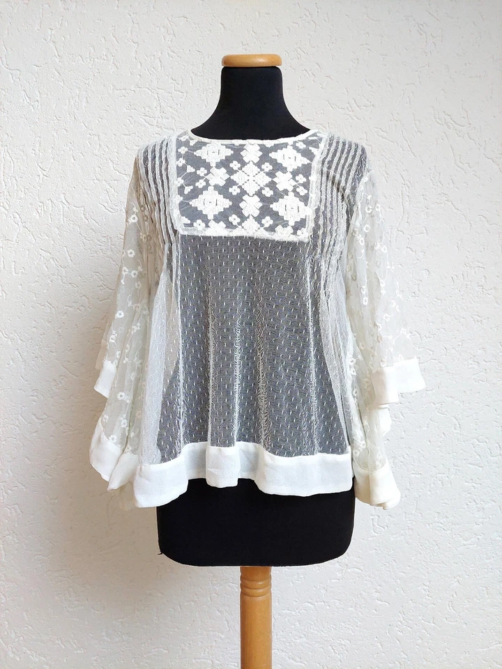 Weiße Netz Stickerei Bluse von Zara, Gr. L - Bild 1 von 4