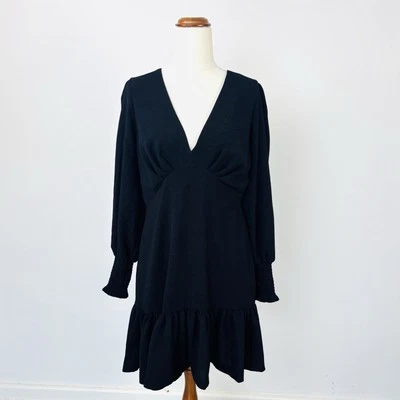 Pilgrim Womens Mini Dress Black Long Balloon Sleeve Shift V Neck Size 10 - image 1 of 4