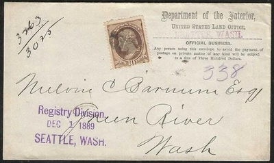 Scott #209 en 1889 Interior Dept Penalización Cubierta Seattle a Green River WA Foto 1 de 2