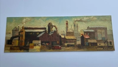 PINTURA INDUSTRIAL ANTIGA ESTILO WPA GRANDE FÁBRICA TRILHOS DE TREM 45" REGIONALISMO - Imagem 1 de 4