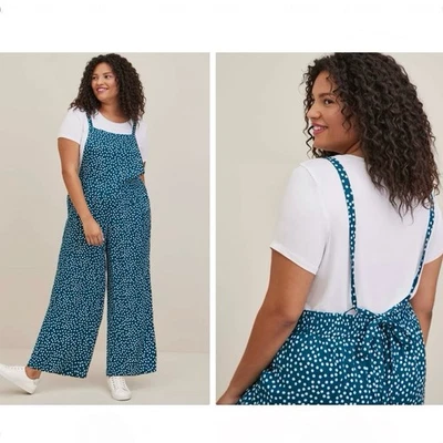 Mono a lunares tórrido elástico de pierna ancha crepé verde azulado blanco talla 3X nuevo con etiquetas Foto 1 de 4