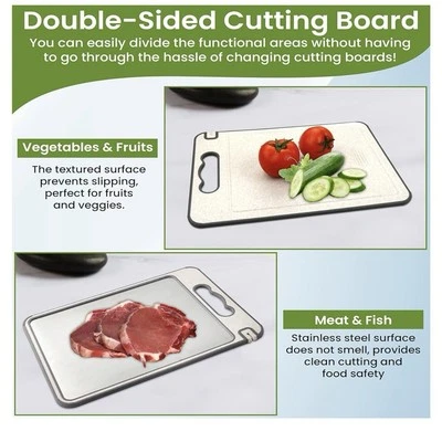 Double Sided Stainless Steel & Wheat Straw Cutting Board with Knife Sharpener - Image 1 of 4