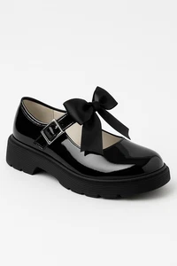 Zapatos Mary Janes de charol negro para niñas con lazo de satén correa en el tobillo cierre de hebilla - Imagen 1 de 4