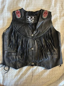 UNIK International Women XS Leather Biker Vest Fringe Lace Up Sides Black Aztec - Picture 1 of 16