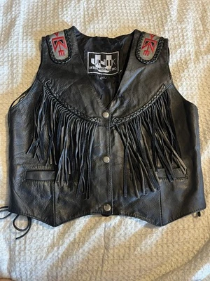 UNIK International Women XS Leather Biker Vest Fringe Lace Up Sides Black Aztec - Image 1 of 4