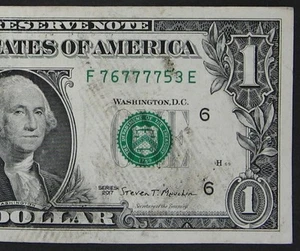2017 $1 (ONE DOLLAR) - NOTE - FANCY SERIAL NUMBER - FIVE 7's, QUAD 7777 - Picture 1 of 3