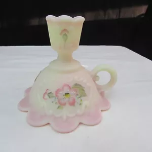 Fenton Burmese Basketweave Floral Hand Painted Chamber Candlestick Holder W2004 - Picture 1 of 6