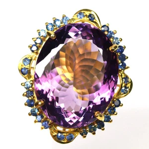Anello In Argento 925 Con Amatista Viola E Zaffiro Misura 7 19 X 25 Mm - Foto 1 di 4