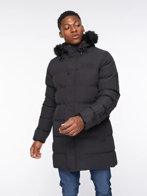 Men's Crosshatch Long Black Parka Coat Padded Faux Fur Hooded Winter Jacket - Image 1 of 4